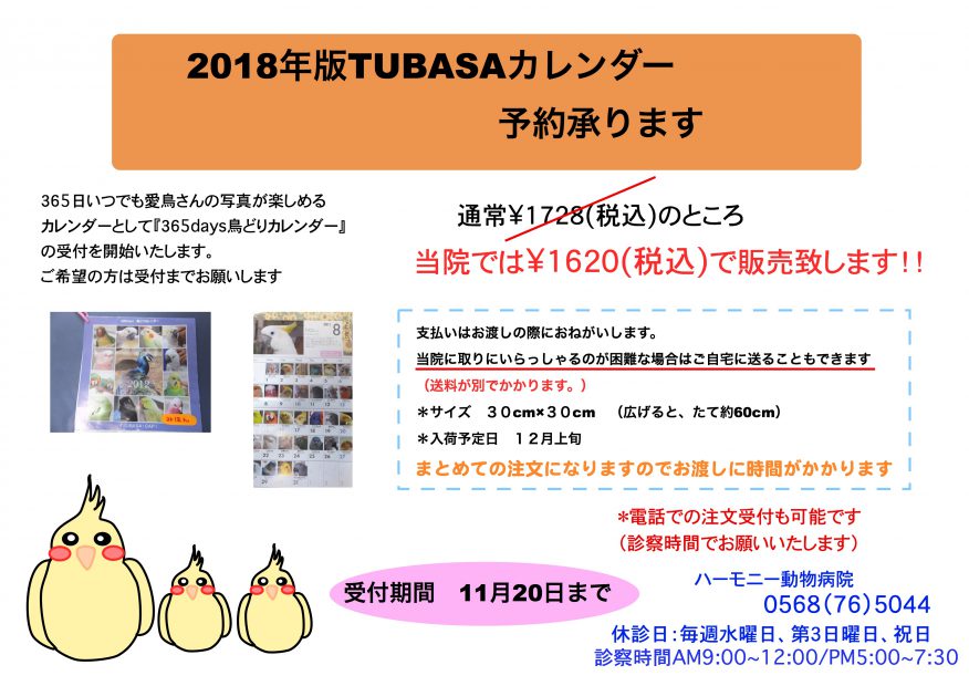 2018年版TUBASAカレンダー予約開始のお知らせ