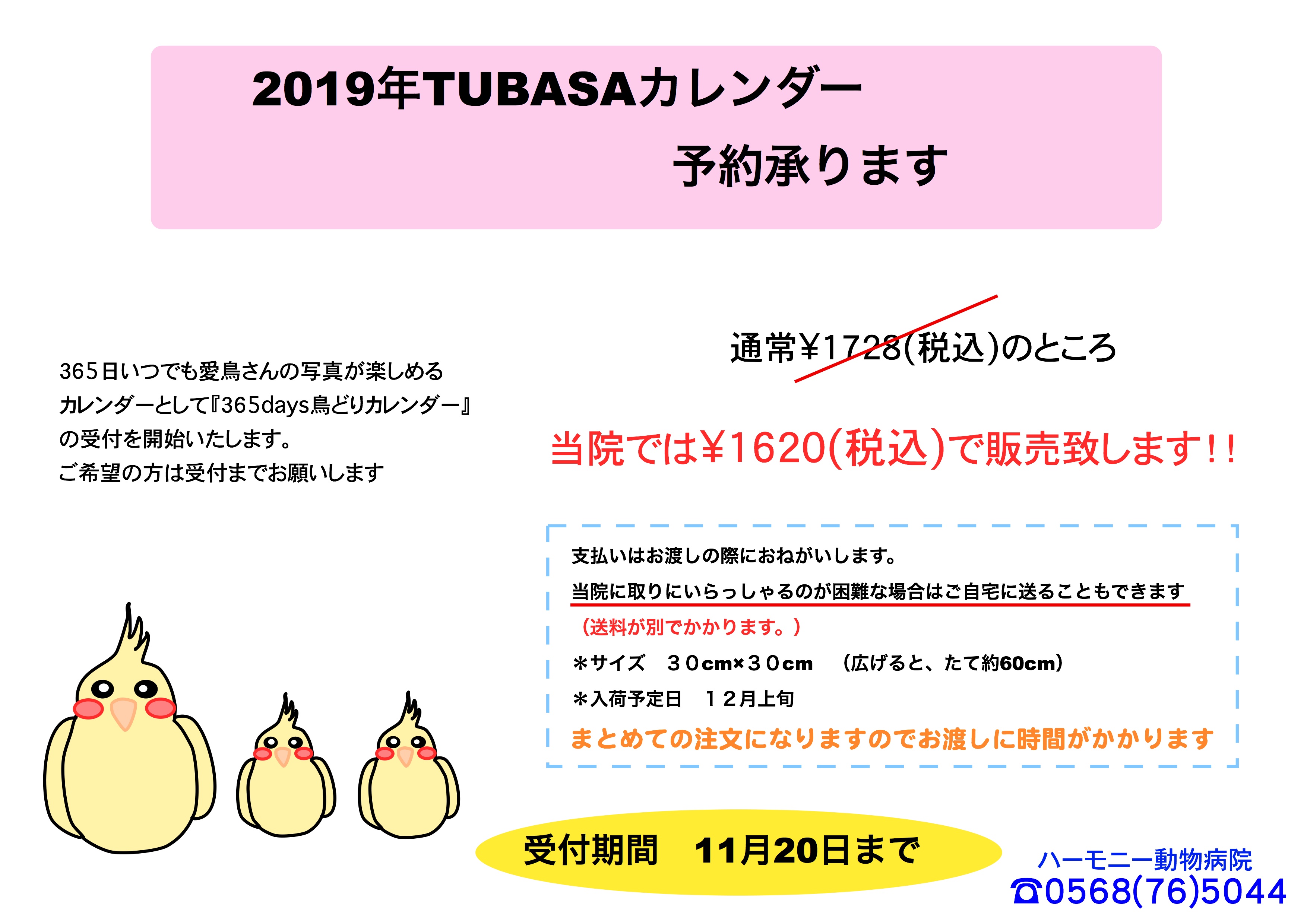 2019年版TUBASAカレンダー予約開始のお知らせ